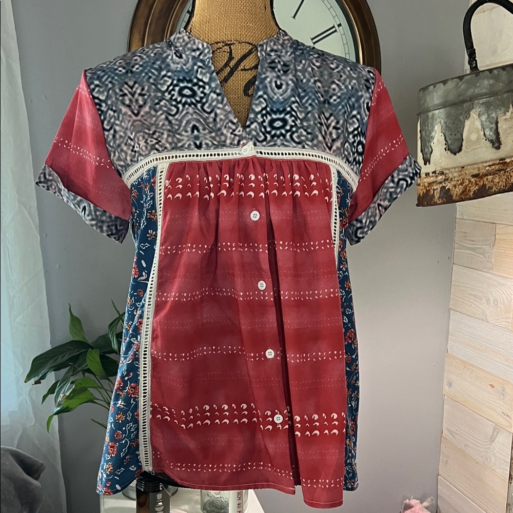 Bohemian Patchwork Red & Blue Short Sleeve Women’s Top